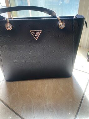 GUESS Black Textured Tote with Gold Logo Accent